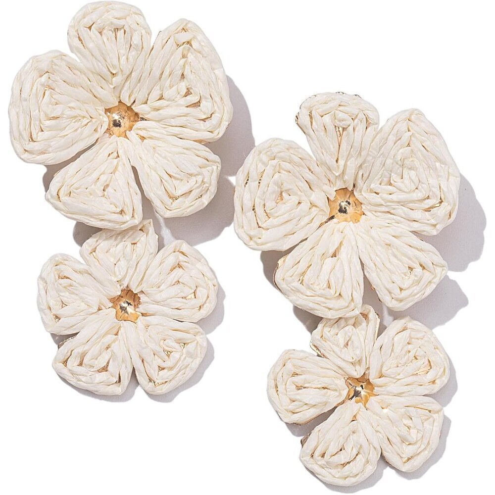 Flower Drop Earrings Floral Raffia Boho Dangle Summer Jewelry Women